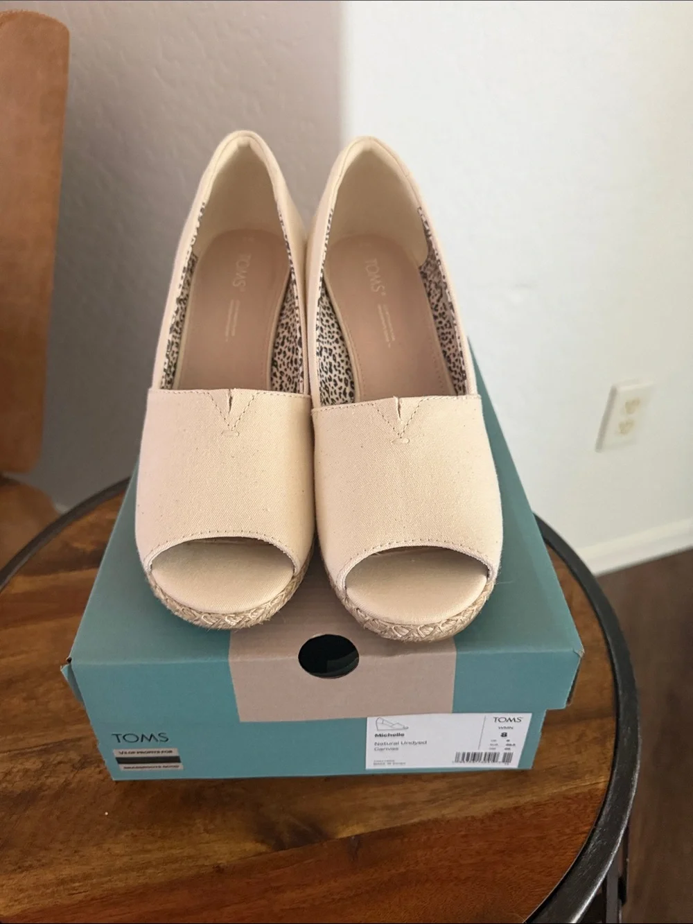 NIB-Toms Natural Canvas Peep-Toe Espadrille Wedges - Beige